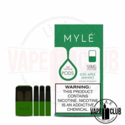 Myle V4 Pods Iced Apple Mango Best Myle Pods Vape In Dubai these Flavor Pods come prefilled with Salt Nic vape juice, designed to be used with MYLÉ Devices/ Kits.