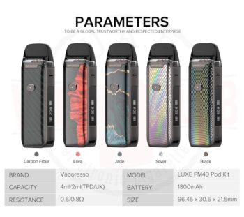 Vaporesso luxe pm40 Pod Kit Best Authentic Buy Uae Vape Club LUXE PM40 Mod 2 x LUXE PM40 Cartridge 1 GTX 0.6Ω Coil 1 GTX 0.8Ω Coil 1 Type-C USB Cable 1 User Manual 1 Warranty Card
