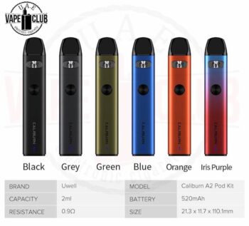 Uwell Caliburn A2 Buy pod Systems Best Uae Vape Club Dubai Packing: Caliburn A2 Pod System, UN2-H 0.9Ω A2 Pod (Pre-installed) UN2-H 0.9Ω A2 Refillable (Spare)