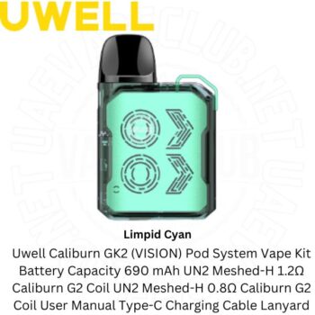 Uwell GK2 Vision Kit Packing list: Caliburn GK2(VISION) Uwell Vape Kits Pod System UN2-H 1.2Ω G2 Coil UN2-H 0.8Ω Caliburn G2 Coil User Manual Type-C Charging Buy Best Price Online Vape Shop In Dubai Uaevapeclub.net