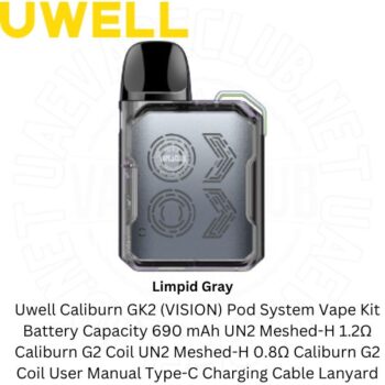 Uwell GK2 Vision Kit Packing list: Caliburn GK2(VISION) Uwell Vape Kits Pod System UN2-H 1.2Ω G2 Coil UN2-H 0.8Ω Caliburn G2 Coil User Manual Type-C Charging Buy Best Price Online Vape Shop In Dubai Uaevapeclub.net