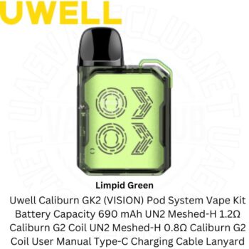 Uwell GK2 Vision Kit Packing list: Caliburn GK2(VISION) Uwell Vape Kits Pod System UN2-H 1.2Ω G2 Coil UN2-H 0.8Ω Caliburn G2 Coil User Manual Type-C Charging Buy Best Price Online Vape Shop In Dubai Uaevapeclub.net