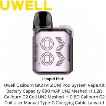 Uwell GK2 Vision Kit Packing list: Caliburn GK2(VISION) Uwell Vape Kits Pod System UN2-H 1.2Ω G2 Coil UN2-H 0.8Ω Caliburn G2 Coil User Manual Type-C Charging Buy Best Price Online Vape Shop In Dubai Uaevapeclub.net