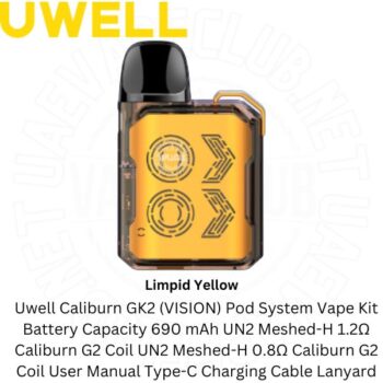 Uwell GK2 Vision Kit Packing list: Caliburn GK2(VISION) Uwell Vape Kits Pod System UN2-H 1.2Ω G2 Coil UN2-H 0.8Ω Caliburn G2 Coil User Manual Type-C Charging Buy Best Price Online Vape Shop In Dubai Uaevapeclub.net