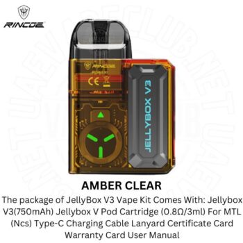 The package of JellyBox V3 Vape Kit Comes With Rincoe Jellybox V3 Kit (750mAh) Jellybox V Pod Cartridge (0.8Ω/3ml) For MTL (Ncs) Type-C Charging Cable Lanyard Buy Best Online Vape Shop In Dubai Uaevapeclub.net