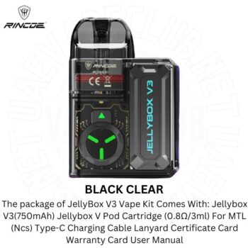 The package of JellyBox V3 Vape Kit Comes With Rincoe Jellybox V3 Kit (750mAh) Jellybox V Pod Cartridge (0.8Ω/3ml) For MTL (Ncs) Type-C Charging Cable Lanyard Buy Best Online Vape Shop In Dubai Uaevapeclub.net