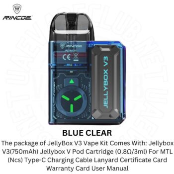 The package of JellyBox V3 Vape Kit Comes With Rincoe Jellybox V3 Kit (750mAh) Jellybox V Pod Cartridge (0.8Ω/3ml) For MTL (Ncs) Type-C Charging Cable Lanyard Buy Best Online Vape Shop In Dubai Uaevapeclub.net