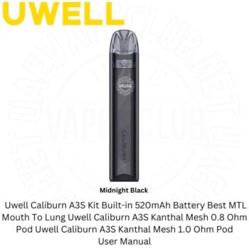 The Uwell Caliburn A3S kit Vape It delivers a discreet amount of vapour for an MTL Mouth To Lung Uwell A3S Vape Kits 16W Output And The Built-in 520mAh Battery Buy Best Price Online Vape Shop In Dubai Uaevapeclub.net