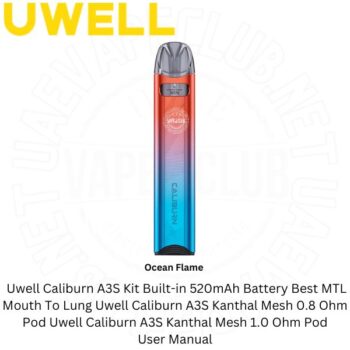 The Uwell Caliburn A3S kit Vape It delivers a discreet amount of vapour for an MTL Mouth To Lung Uwell A3S Vape Kits 16W Output And The Built-in 520mAh Battery Buy Best Price Online Vape Shop In Dubai Uaevapeclub.net