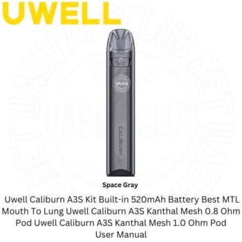 The Uwell Caliburn A3S kit Vape It delivers a discreet amount of vapour for an MTL Mouth To Lung Uwell A3S Vape Kits 16W Output And The Built-in 520mAh Battery Buy Best Price Online Vape Shop In Dubai Uaevapeclub.net