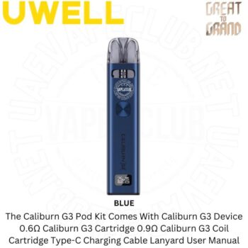 The Caliburn Uwell G3 Pod Kit Comes With Uwell Caliburn g3 vape kit 0.6Ω Caliburn G3 Coil Cartridge 0.9Ω Caliburn G3 Coil Cartridge Type-C Charging Cable Buy Best Price Online Vape Shop In Dubai Uaevapeclub.net