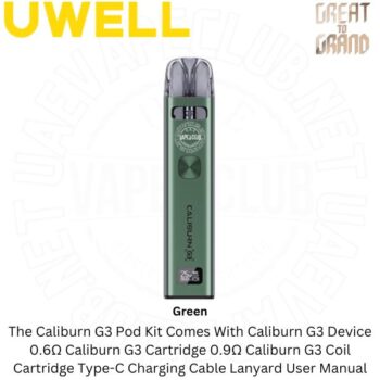 The Caliburn Uwell G3 Pod Kit Comes With Uwell Caliburn g3 vape kit 0.6Ω Caliburn G3 Coil Cartridge 0.9Ω Caliburn G3 Coil Cartridge Type-C Charging Cable Buy Best Price Online Vape Shop In Dubai Uaevapeclub.net