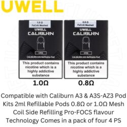 Uwell Caliburn A3 Pod Compatibility A3s Vape Pod Kit Uwell Caliburn Pods Features: 2ml Pods 0.8Ω Or 1.0Ω Mesh Pods Compatible with Caliburn A3 & A3S Pod Kits Buy Best Online Vape Shop In Dubai Uaevapeclub.net