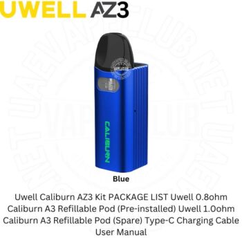 The Uwell Caliburn AZ3 Pod Kit family of pod Vaping Systems. The Uwell AZ3 Vape Kit is compatible with the full range of A3, A3S, and AK3 built-in coil pods Buy Best Price Online Vape Shop In Dubai Uaevapeclub.net